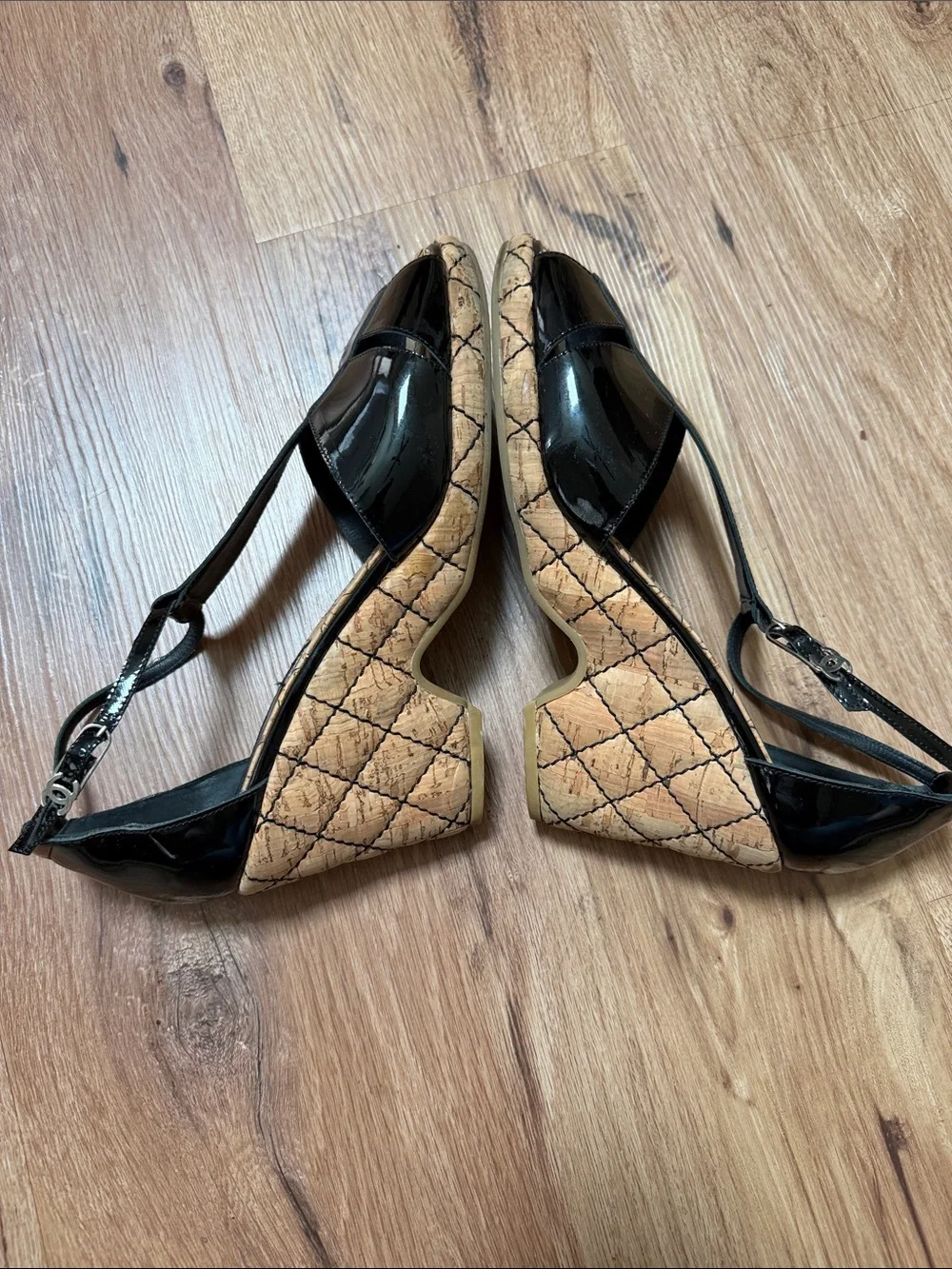 CHANEL Black Patent Leather Cork Wedge Sandals, AUTHENTICATED, size 10 (40)